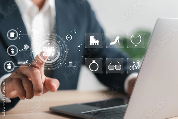 Obraz Online shopping concept. Businessman use laptop  shopping online. Big sale.