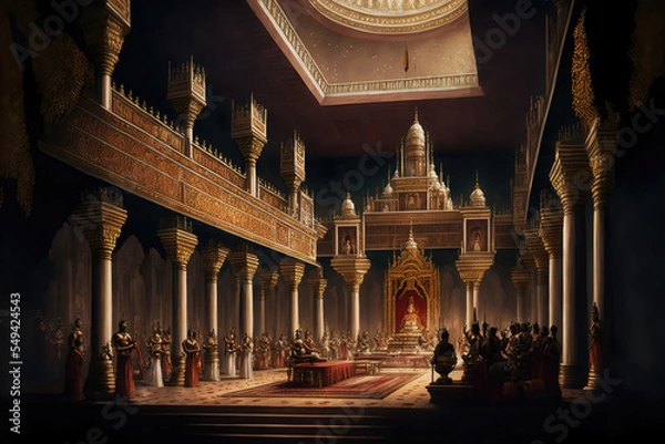Fototapeta AI generated image depicting the throne room and court of an ancient Indian king, with ministers and courtiers in attendance. Durbar hall.