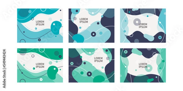Obraz ミニマルでフラットで抽象的な背景イラストセット。無地の背景の上に流体の有機的な幾何学模様と波と円が動的に配置されている。