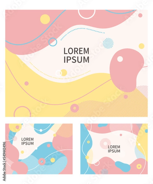 Fototapeta ミニマルでフラットで抽象的な背景イラストセット。無地の背景の上に流体の有機的な幾何学模様と波と円が動的に配置されている。パステルの配色でかわいいイメージ。