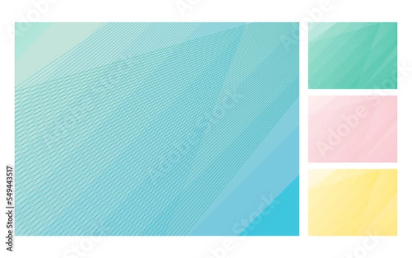 Obraz 透明感のある抽象的な背景イラストセット。直線的な斜めのオブジェクトが重なる背景の上に幾重もの斜線が折り重なっている。春夏秋冬の配色イメージ。