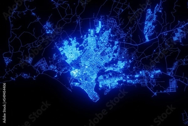 Fototapeta Street map of Karachi (Pakistan) made with blue illumination and glow effect. Top view on roads network