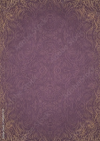 Fototapeta Hand-drawn abstract ornament. Light semi transparent pink on a purple back, with vignette of same pattern and sparks in golden glitter on a darker color. Paper texture. A4. (pattern: p03d)