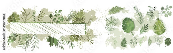 Fototapeta Hand drawn colorful plant set - universally usable. Botanical, chic and trendy plants. Hand drawn lines, elegant leaves for your own design. Flower branch and minimalistic modern plants. 