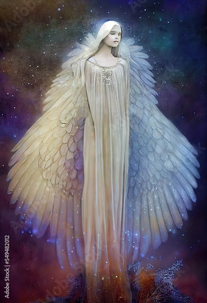 Fototapeta Beautiful white angel in the colorful space among the stars, painting style, AI generated image