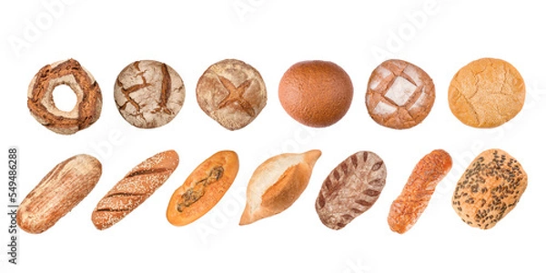 Fototapeta Bread buns top view set in the row. Top view of bread collection isolated with transparency