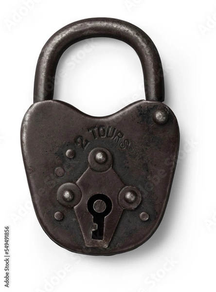 Fototapeta dark vintage metal padlock, French shabby chic, isolated design element - ideal for steampunk themed scened or iconic security image, top view / flat lay