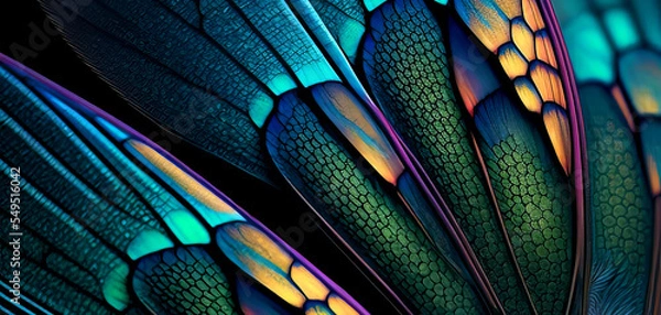 Fototapeta Rainbow color dragonfly wings background. Dragonfly wing close up. Dragonfly wing close up texture.