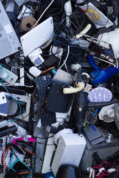 Obraz Electronic waste at a collection center for subsequent recycling. Circular economy.