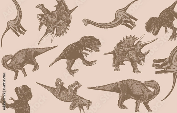 Fototapeta Vector vintage pattern with dinosaurs, stylish dino cover for fabric, postcards, wallpapers,graphical vector illustration. Animals background design	