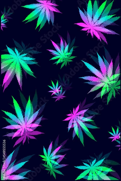Fototapeta vector pattern of marijuana leaves in neon colors on a dark background, background wallpaper with cannabis, bright hallucinogenic effect