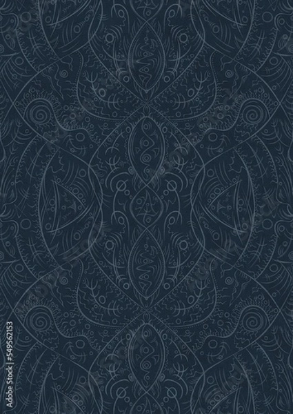 Fototapeta Hand-drawn unique abstract symmetrical seamless ornament. Light blue on a deep blue background. Paper texture. Digital artwork, A4. (pattern: p08-2d)