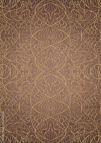 Fototapeta Hand-drawn unique abstract gold ornament on a light brown background, with vignette of darker background color and splatters of golden glitter. Paper texture. Digital artwork, A4. (pattern: p02-2d)