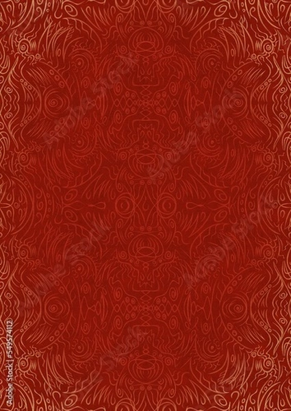 Fototapeta Hand-drawn unique abstract ornament. Light red on a bright red background, with vignette of same pattern in golden glitter. Paper texture. Digital artwork, A4. (pattern: p03d)