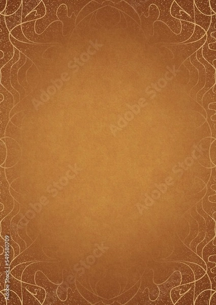 Fototapeta Yellow textured paper with vignette of darker color and golden hand-drawn pattern with splatters of golden glitter. Copy space. Digital artwork, A4. (pattern: p02-1d)