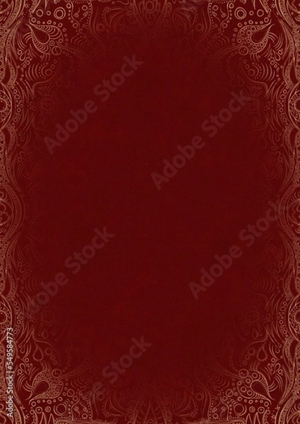 Fototapeta Deep red textured paper with vignette of golden hand-drawn pattern. Copy space. Digital artwork, A4. (pattern: p09d)