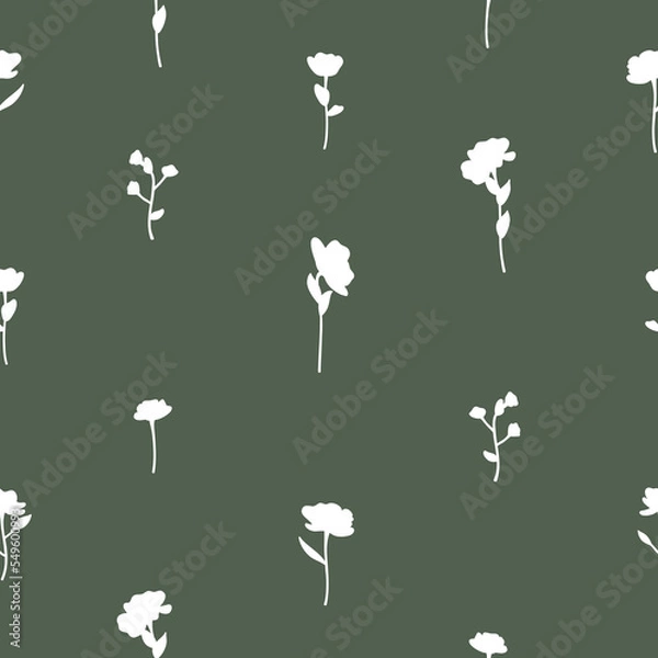 Fototapeta Half Drop White Silhouette Ditsy Flower Meadow Textiles Surface Design Seamless Repeat Pattern Design on Green Pattern