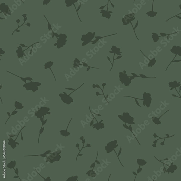 Fototapeta Random Scattered Green Silhouette Ditsy Flowers Textiles Surface Design Seamless Repeat Pattern Design on Green Background 