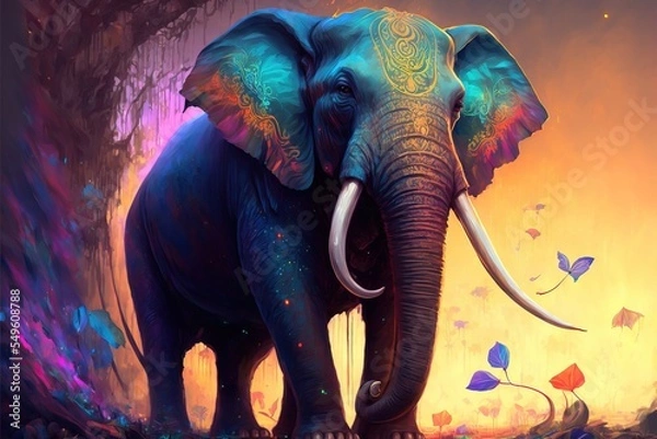 Fototapeta Colorful painting of a elephant with creative abstract elements as background