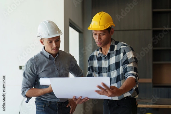 Fototapeta Professional architect designer structural engineer team colleagues discussing building plan design project