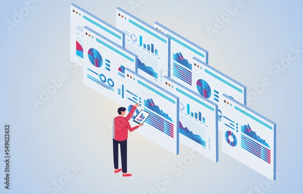 Fototapeta Business data analysis, research and management of business data, projects, isometric business staff analysis and monitoring of investment and financial reporting charts