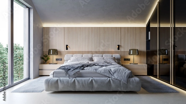 Fototapeta Modern interior design of slanted ceiling bedroom in the forest with wooden wall and glossy black closet, 3d rendering, 3d illustration