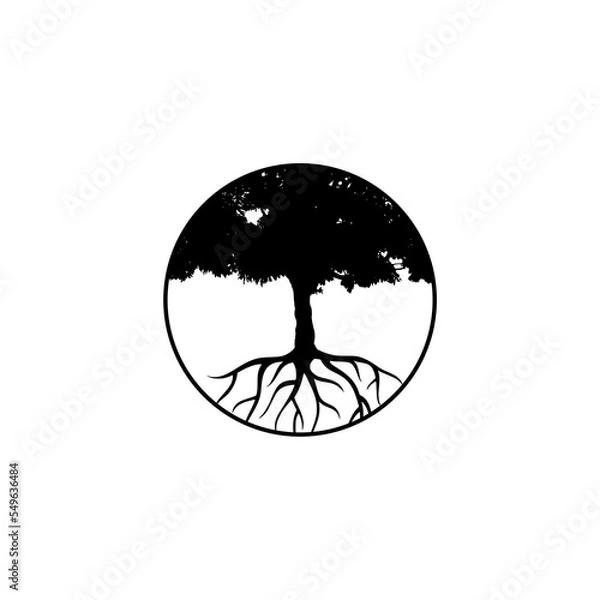 Obraz Tree round icon with roots isolated on white background