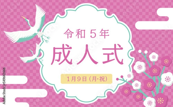 Fototapeta 日本らしい紅白梅と鶴と市松文様の和風お祝いフレーム素材_成人式 成人の日_ピンク