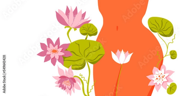 Obraz Women's health. Female hips. Bikini line. The topic of female intimate depilation and hygiene. Lotus, water lilies and leaves. Vector illustration. Place for text