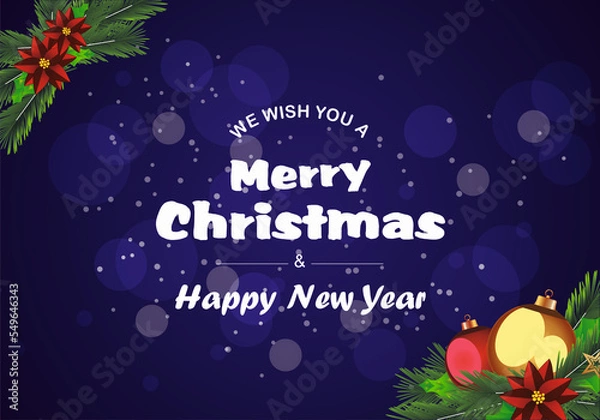 Fototapeta Christmas and New Year typographical with Amazing background with winter landscape with , light, stars. Xmas card.