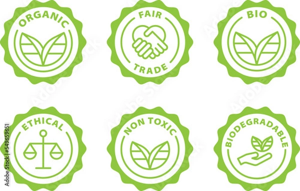 Fototapeta organic, fair trade, bio, ethical, non toxic, biodegradable green stamp. Symbol, outline icon, tag, badge, label, circle, green white vector round isolated on transparent background. icon set.