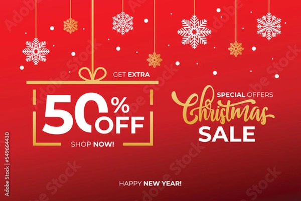 Obraz New year sale. Christmas sale label with sale precentage 50 percent. Horizontal posters, greeting cards, header, website. Red Card with Christmas snowflakes. Card or Christmas themed invitations.