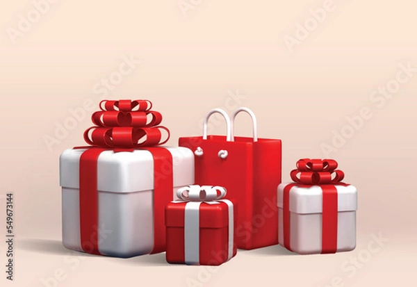 Fototapeta gifts with present bag vector 3d illustration. White and red gift box with red present bag 3d render illustration.