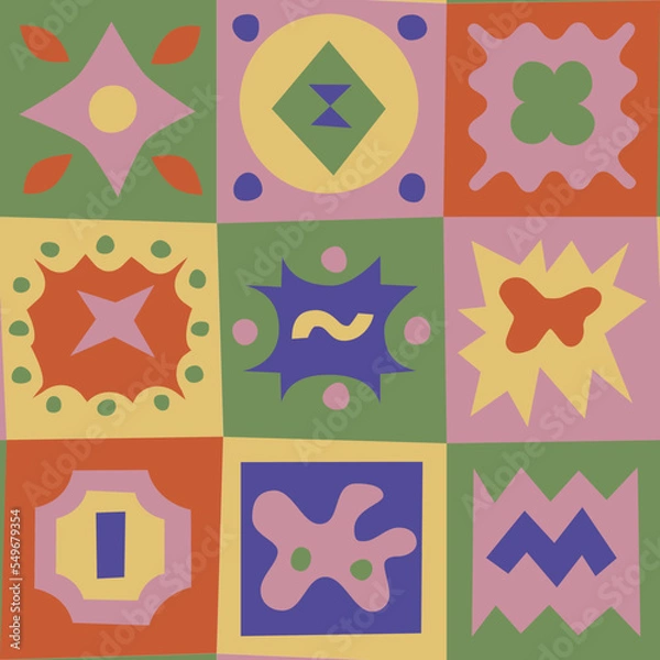 Fototapeta Patchwork seamless pattern. Simple flat abstract tiles in retro colors