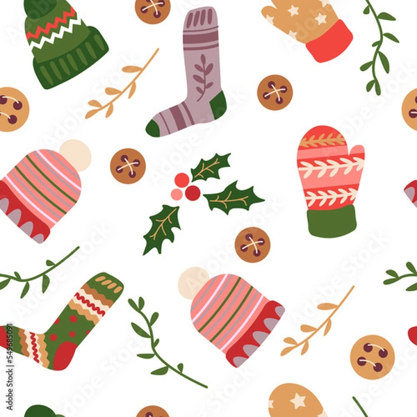 Fototapeta Festive seamless pattern with colorful winter clothes on a white background.Vector illustration