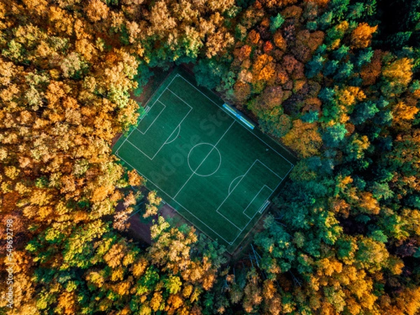 Obraz Aerial image. Football field in the autumn forest.