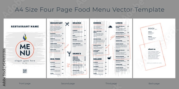 Fototapeta Restaurant cafe menu, template design, A4 size four page creative food menu template