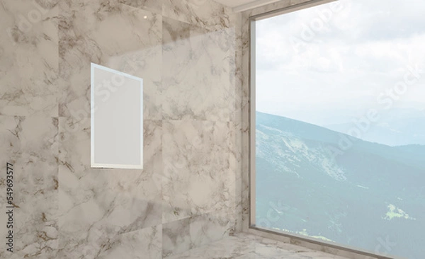 Fototapeta Spacious bathroom in gray tones with heated floors, freestanding tub. 3D rendering., Mockup.   Empty paintings