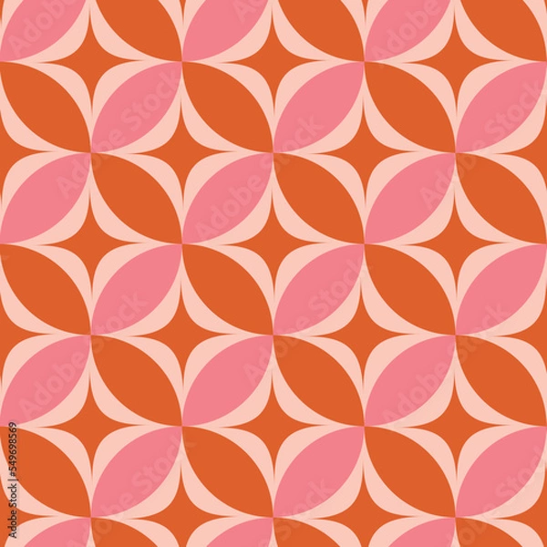 Fototapeta Mid century modern atomic starbursts on orange and pink circles seamless pattern. For home décor, wallpaper and textile 