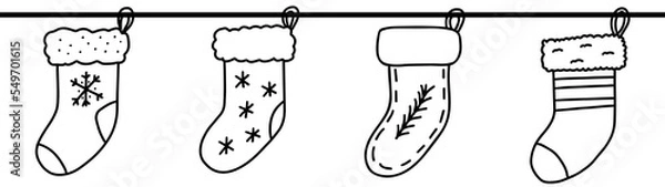 Fototapeta Hand drawn doodle sketch style vector illustration seamless banner of Christmas stockings with various decorations. Isolated on white background