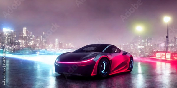 Fototapeta Futuristicc concept sport car in a metaverse city. Neon glowing. 3d