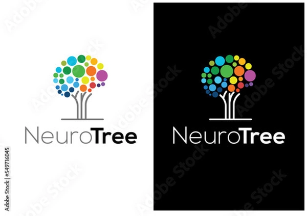 Obraz Neuro Tree logo concept, a human brain made out of colorful circles and connected to a tree trunk 