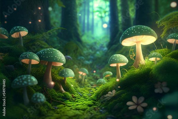 Fototapeta Magical green fairytale forest with mushrooms as dreamy background illustration. Digital illustration, 3D render