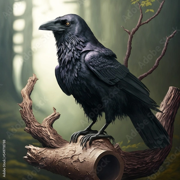 Fototapeta Standing raven on a branch, abstract art