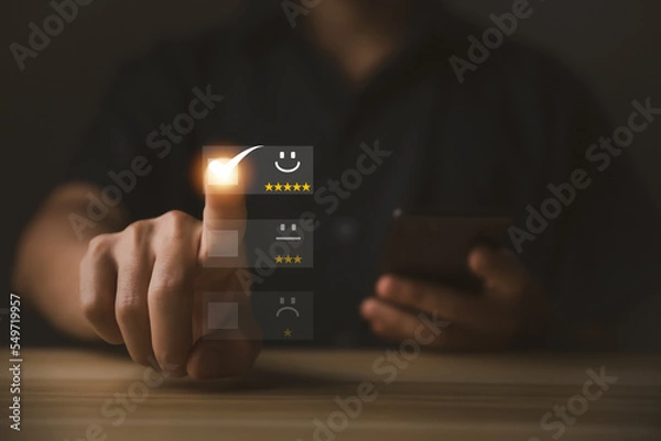 Fototapeta positive customer reviews tick the check mark Five-star happy smiley face icon.	