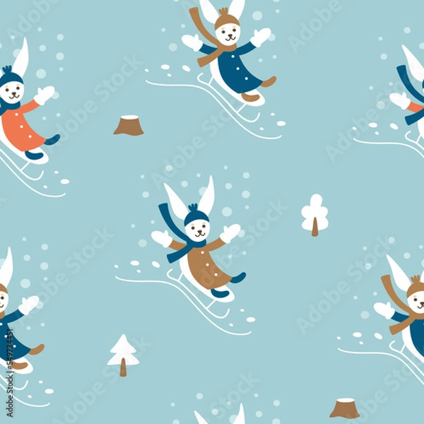 Fototapeta A rabbit on a sleigh descends a hill surrounded by forest and snowfall. Seamless vector pattern on a blue background.