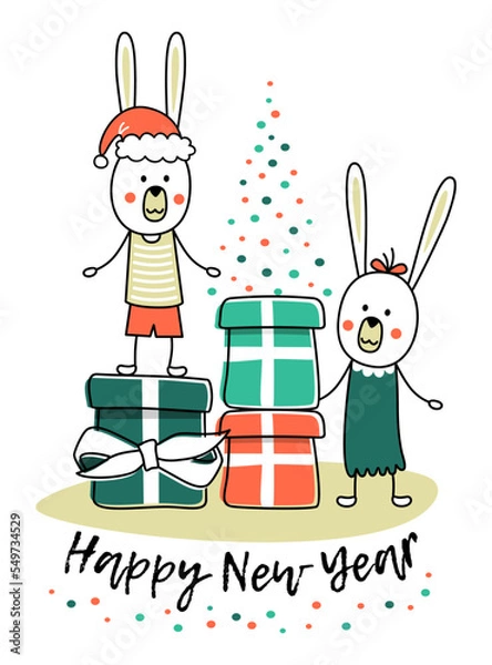 Fototapeta Rabbits and gifts. New Year's card with the image of funny rabbits and gifts with a congratulatory inscription. Flat vector illustration.
