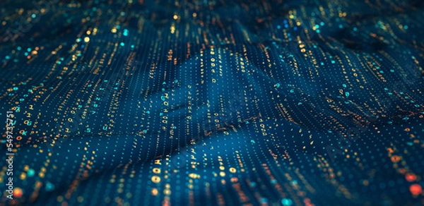 Obraz Cyber data stream. Digital neural networks. 3D illustration of a wavy open source surface