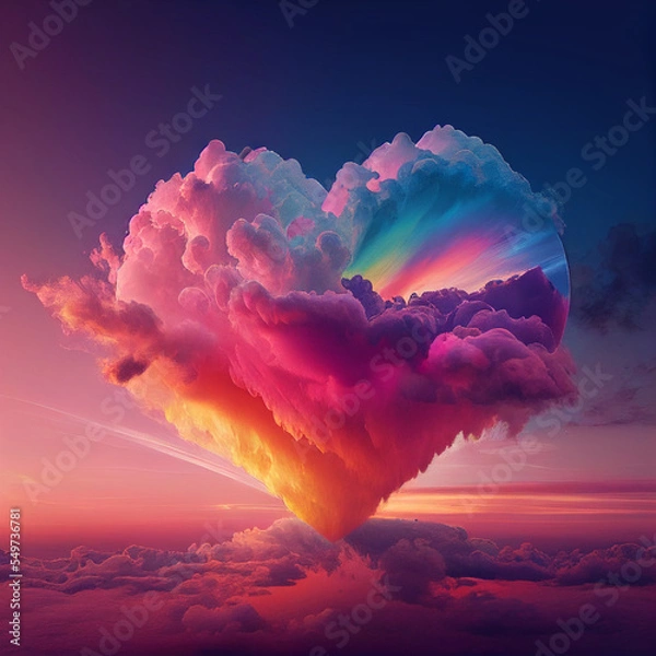 Fototapeta Rainbow Heart Cloud. Miłość chmur na niebie. Tło miłosne LGBT. Plakat Queer Rainbow Heart