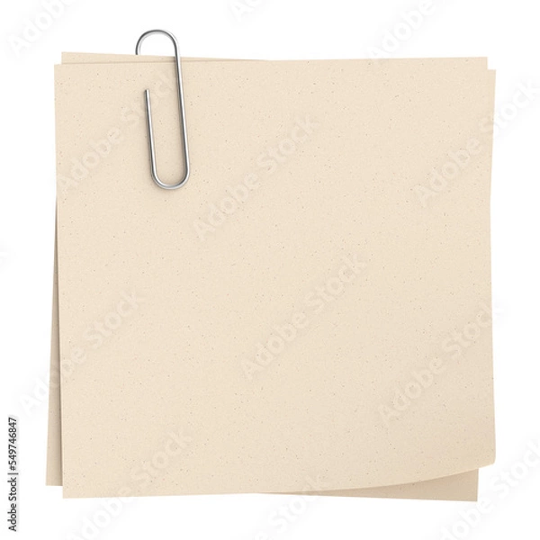 Fototapeta Note paper with paper clip. 3D illustration.